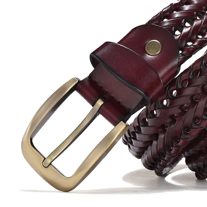 Men Genuine Leather Braided Belts Webbing High Quality Braided Vintage Belt for Men Gold Pin Buckle Casual for Jeans Strap