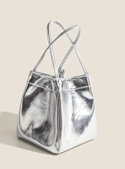 Sparkling Silver Mini Fashion Drawstring Bucket Bag, PU Sparkling Handbag, Women's Fashion Handbag and Wallet