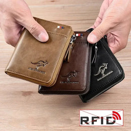 Mens RFID Protected Leather Wallet - Luxury Zippered Card Holder Purse for Business Cards with Elegant Carteira Masculina Style