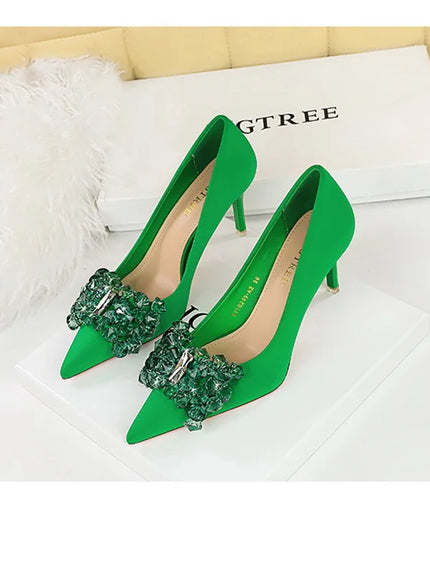 Rhinestones Women Pointed Toe Shallow Mouth Pumps Crystal