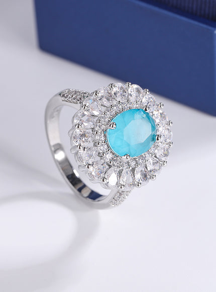 Kiss Icon Paraiba Sapphire Flower Ring - Geometric Zirconia