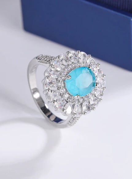 Kiss Icon Paraiba Sapphire Flower Ring - Geometric Zirconia