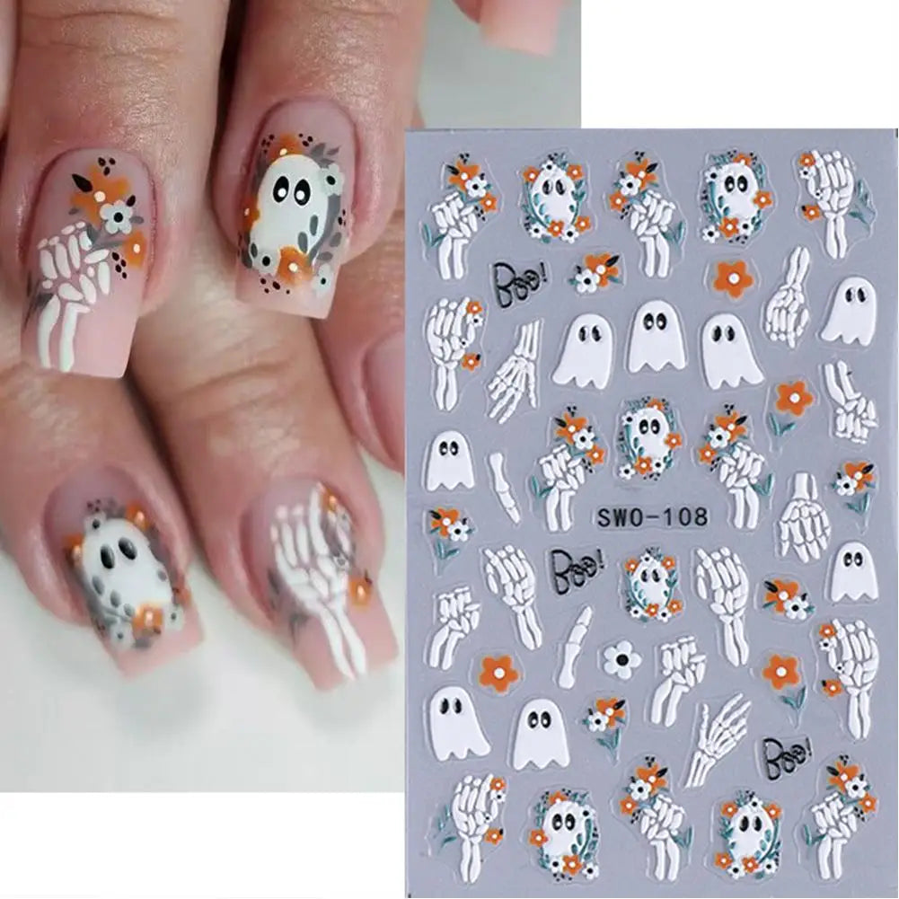 1pcs Halloween Nail Stickers Pumpkin Ghost Spider Skull Design Cute Adhesive Slider Decals DIY Manicure Decor