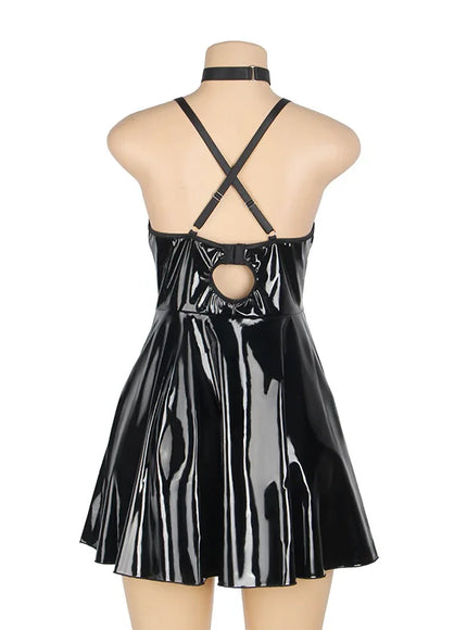 Sexy Women Hot Girl Shiny Black PU Faux Leather Dress For Clubwear Nightwear Party Dress Show Mini Dress From M-3XL