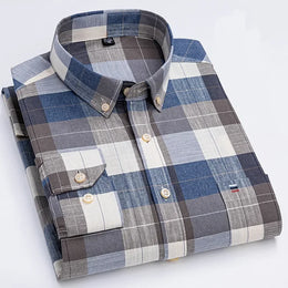 Men's 100% Cotton Smart Casual Shirt Long Sleeve Plaid Oxford Casual Solid Color Print Regular Fit Dress Shirt Oversized  6XL