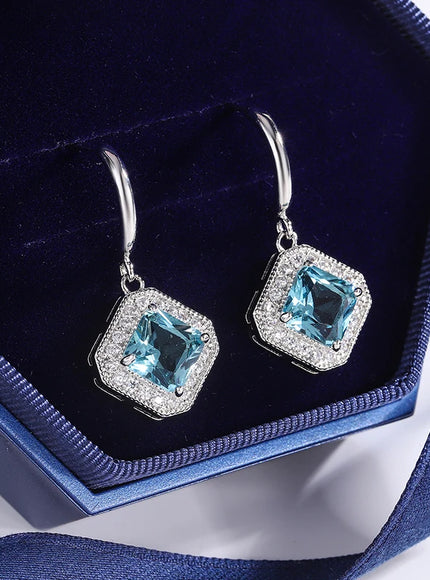 High Quality 925 Silver Plated Earrings for Womes Children Exquisite Square Geometric Jewelry Brilliant Blue Zircon Earring