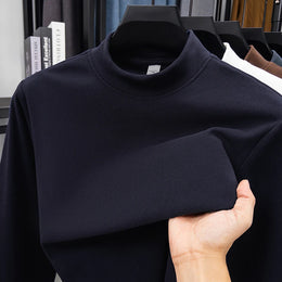 2026 New Men's Casual Solid Color High Collar Velvet Long Sleeve T-shirt Spring and Autumn Versatile Comfortable Top