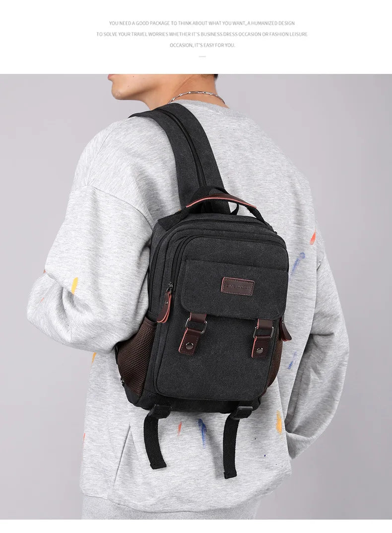 Small Mens Backpack Canvas Casual Backpacks for Men 2025 Mini Male School Bag Rucksack Man Multi-function Crossbody Bag Travel