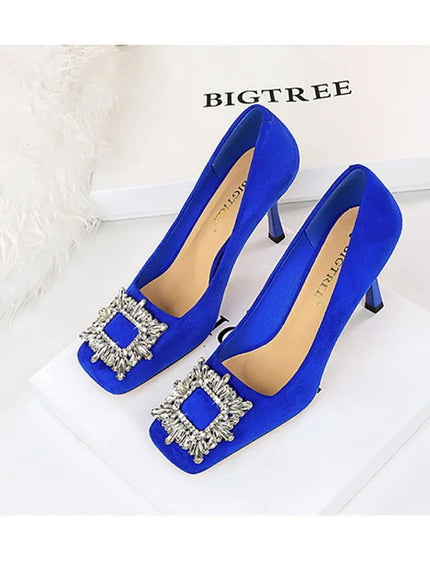 Fashion Women High Heels Metal Rhinestone Buckle Square
