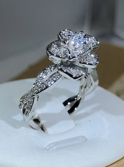 Sterling Silver Intertwined Rose Ring with White Zircon