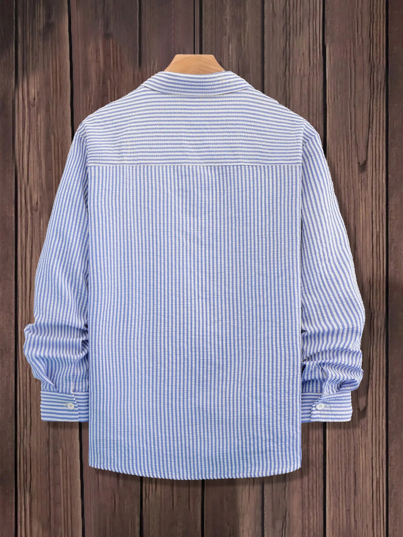 Men's Blue & White Vertical Stripe Seersucker Shirt, Versatile for Summer Casual & Commute