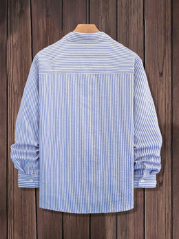 Men's Blue & White Vertical Stripe Seersucker Shirt, Versatile for Summer Casual & Commute