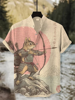 Men's short-sleeved shirt, samurai ink painting print, loose and breathable casual top, trendy retro design Hawaiian shirt.