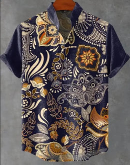Summer Men's Printed Short Sleeve Shirt Vintage Linen Shirt Men's Festival Casual Short Sleeve Top Street Trend Fast Delivery