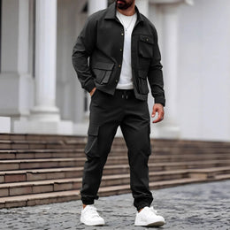 Spring and Autumn Men's fashionable new sporty workwear style solid color multi-pocket design long-sleeved long pants set