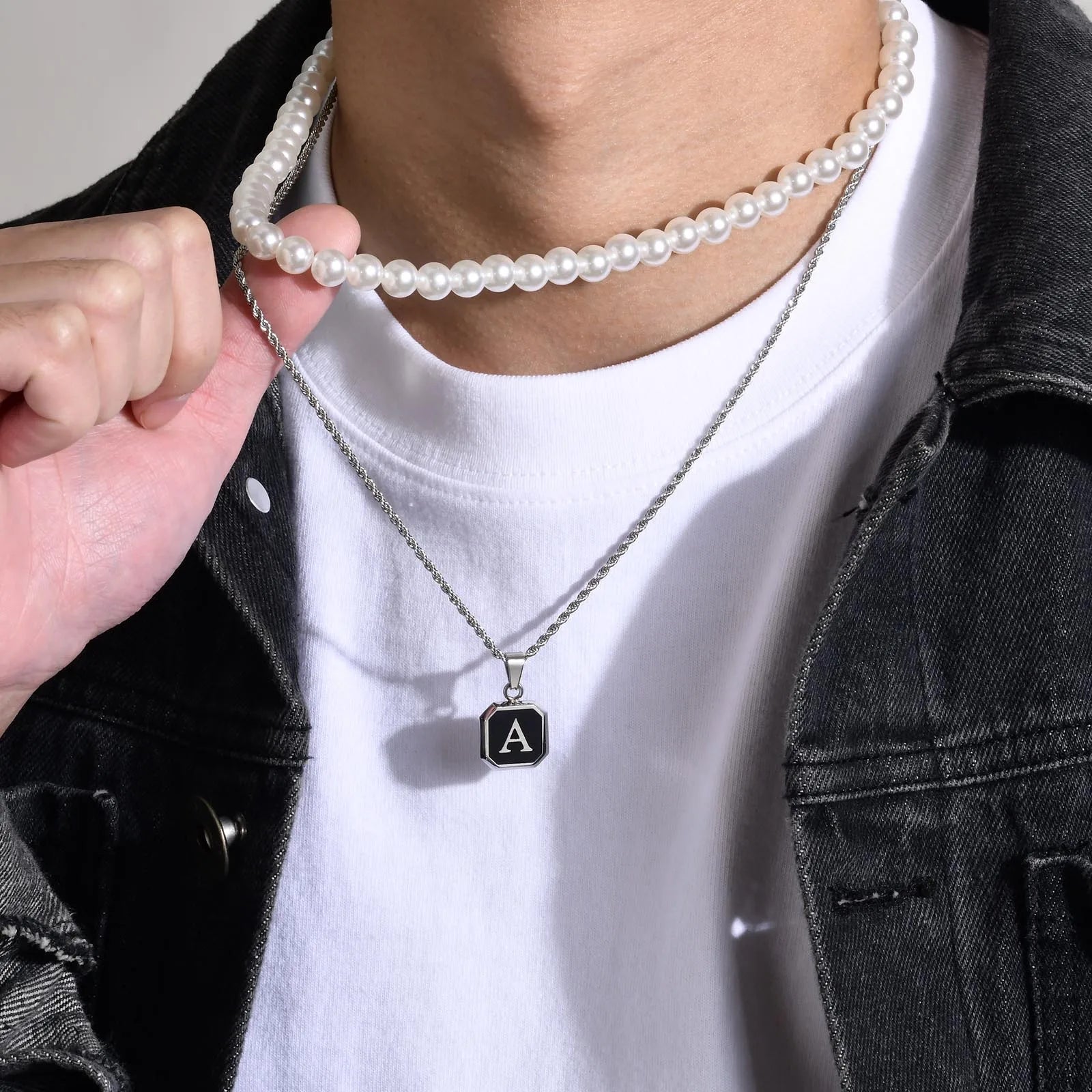 Initials Necklaces for Men Women,A-Z 26 Letters Black Square Stainless Steel Pendant Collar,45-60CM Twisted Rope Chain Gifts