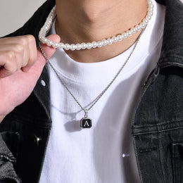 Initials Necklaces for Men Women,A-Z 26 Letters Black Square Stainless Steel Pendant Collar,45-60CM Twisted Rope Chain Gifts