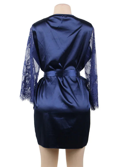 Big Size Women's Faux Silk Robe Set Transparent V Neck Sleepwear Nightgown Plus Size Sexy Babydoll Lingerie with Panties