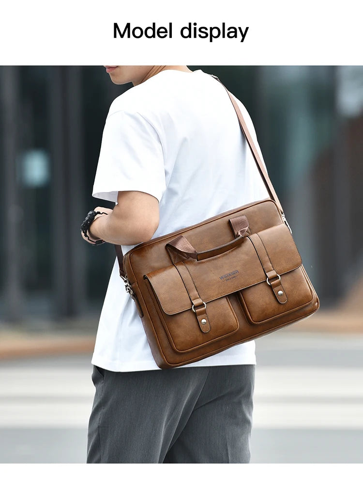 Mens Business Briefcase Large Capacity PU Leather Laptop Bag Fashion Crossbody Shoulder Tote Bag for Work Office