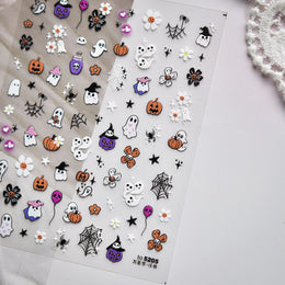 Cute Halloween 5D Nail Art Sticker Ghosts Spooky Spider Webs Evil Pumpkin Faces Festive Balloons Floral Stars Fun Scary Decals