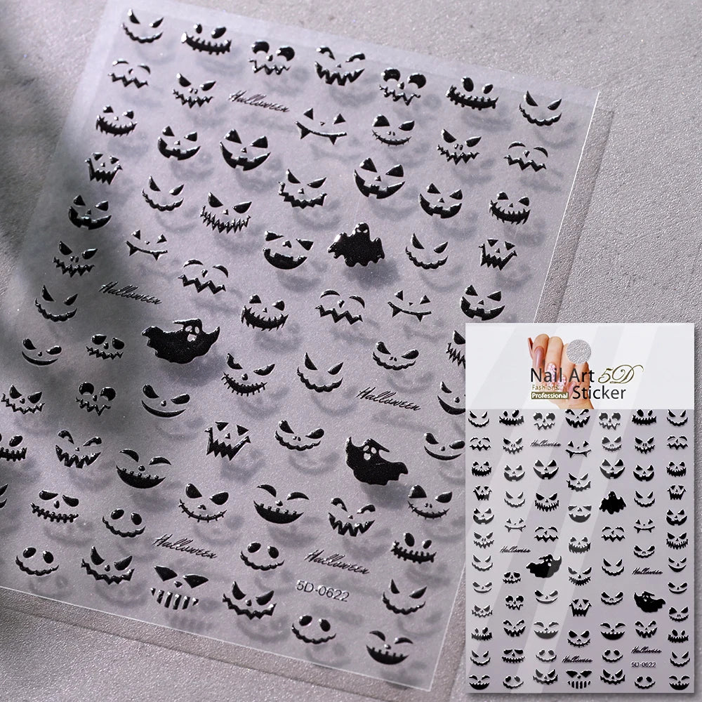 5D Skeleton Bat Halloween Nail Art Stickers y2k Black Bat White Skull Adhesive Emobossed Nail Decorative Decals Halloween Slider