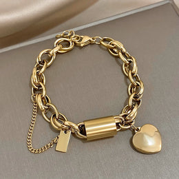 Heart Lock Stainless Steel Charm Bracelet Chunky Gold Plated Chain Love Bracelets for Women Valentine Gift