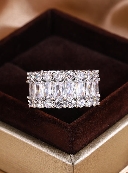 KissIcon S925 Silver Plated Colorful Big Band Ring - Zircon