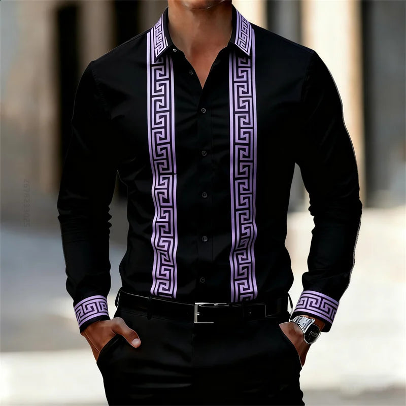 Men's Retro Geometric Print Shirt, Stylish Long-Sleeve Black Shirt, Business Casual Men's Top, Multiple Colors Available, XS-6XL