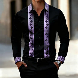 Men's Retro Geometric Print Shirt, Stylish Long-Sleeve Black Shirt, Business Casual Men's Top, Multiple Colors Available, XS-6XL