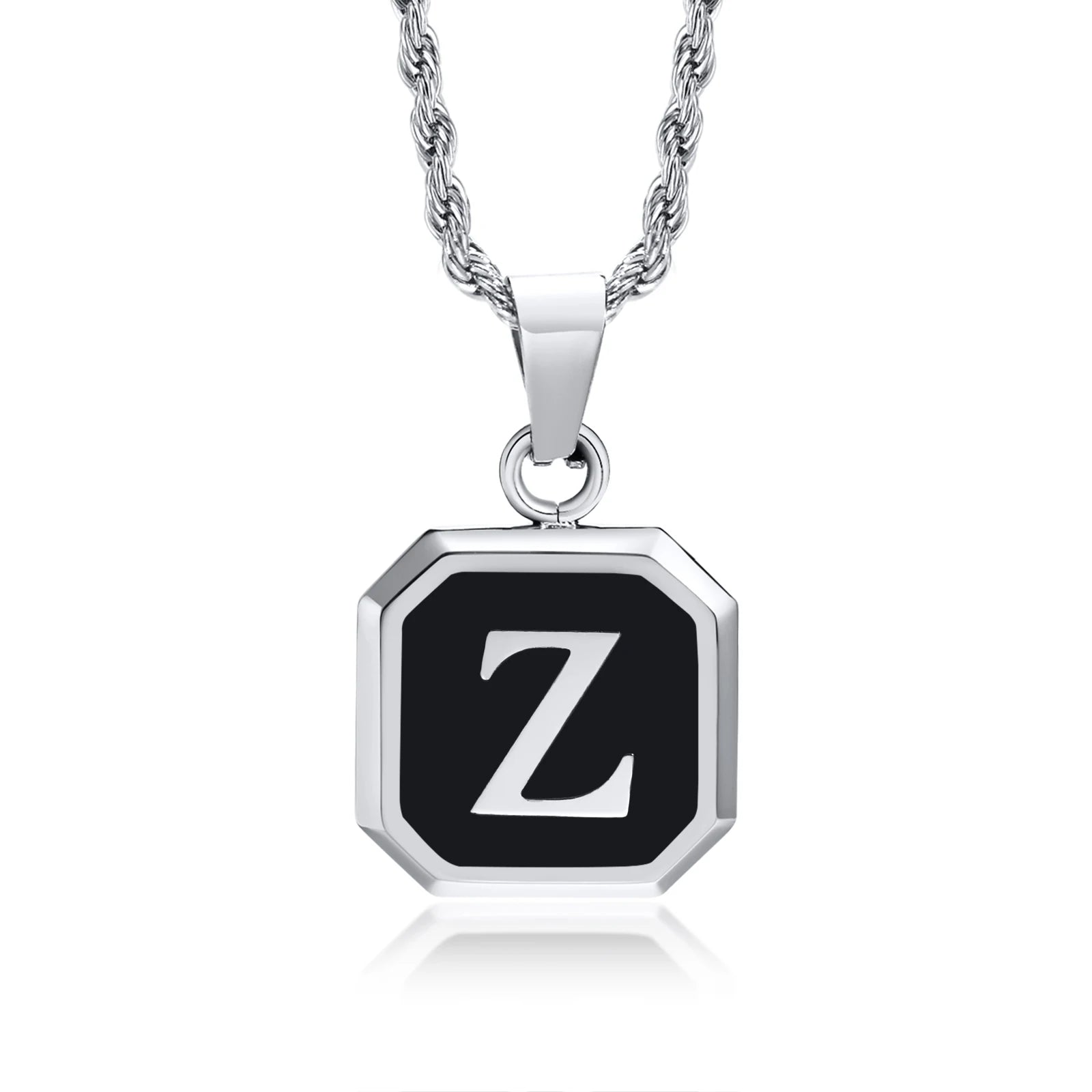 Initials Necklaces for Men Women,A-Z 26 Letters Black Square Stainless Steel Pendant Collar,45-60CM Twisted Rope Chain Gifts