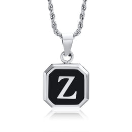 Initials Necklaces for Men Women,A-Z 26 Letters Black Square Stainless Steel Pendant Collar,45-60CM Twisted Rope Chain Gifts