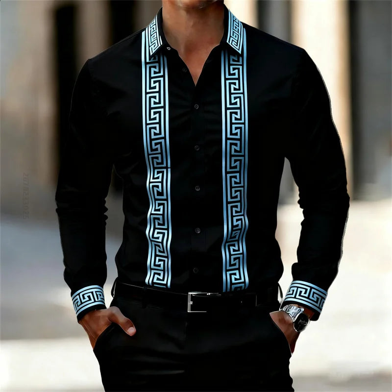 Men's Retro Geometric Print Shirt, Stylish Long-Sleeve Black Shirt, Business Casual Men's Top, Multiple Colors Available, XS-6XL