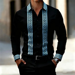 Men's Retro Geometric Print Shirt, Stylish Long-Sleeve Black Shirt, Business Casual Men's Top, Multiple Colors Available, XS-6XL