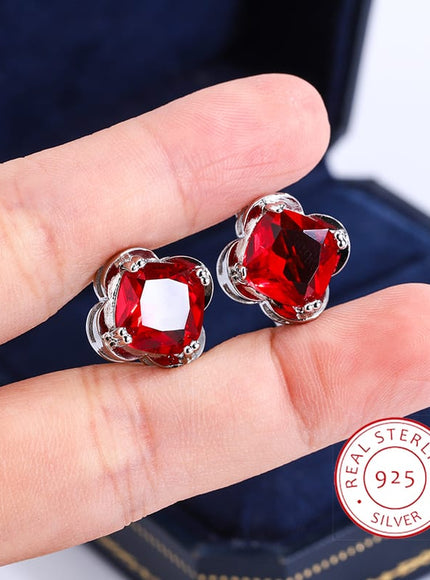 KissIcon 925 Silver Clover Stud Earrings - Red Zircon Gift.