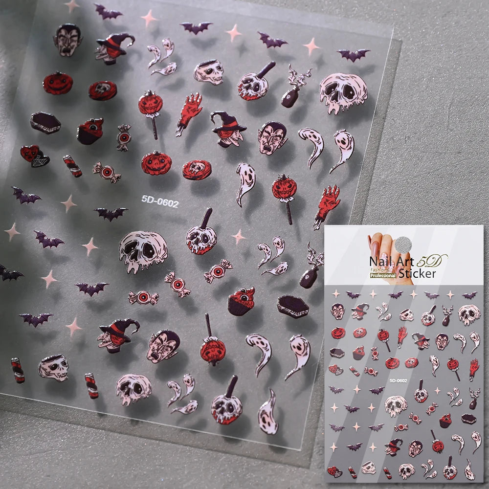 5D Skeleton Bat Halloween Nail Art Stickers y2k Black Bat White Skull Adhesive Emobossed Nail Decorative Decals Halloween Slider