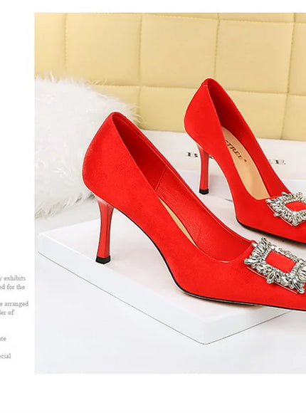 Fashion Women High Heels Metal Rhinestone Buckle Square