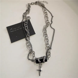 KissICON 4 Punk Rock Black Heart Cross Pendant Chain Necklace For Men Women Cool Hip Hop Street Vintage 90s Y2K Grunge Goth Accessories