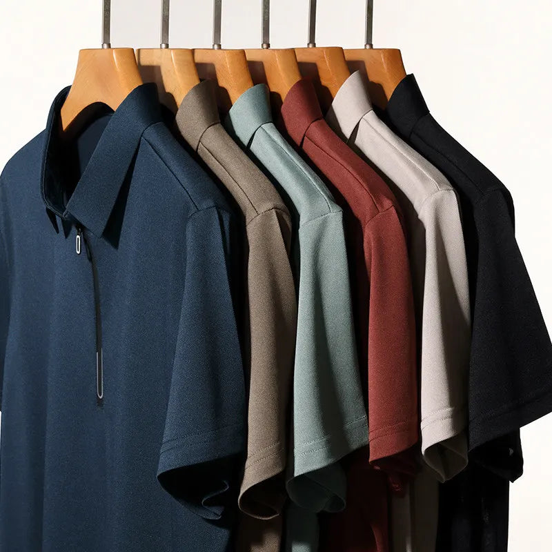 New Men's Business Casual Zipper Short Sleeve Solid Color Polo Shirt Fashionable Warm Comfortable Four Seasons Versatile Top