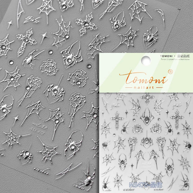 Shiny Silver Spider Web Insect Butterfly Dark Black Rose Flowers Ladybug Cicada Horrible Halloween Y2K Nail Art Stickers Decals