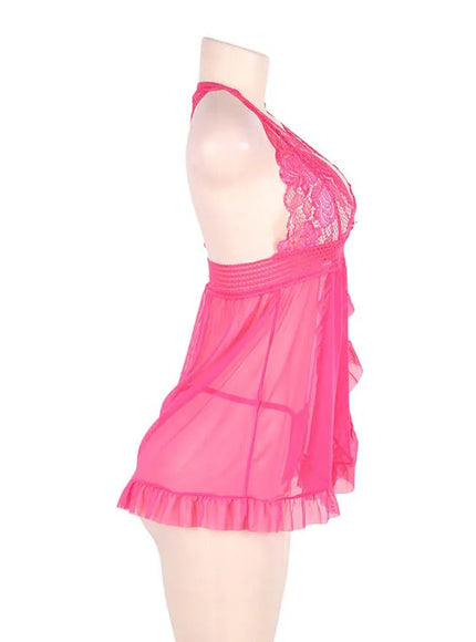Plus size half tansparent mesh satin women sexy lingerie set nightgown and sleepshirts babydoll chemise with G-String from M-5XL