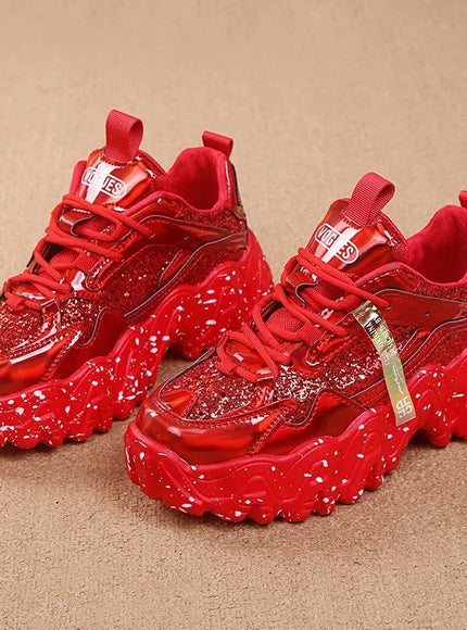 Comemore Women New Bling Platform Sneakers for Girls Casual Chunky Sneaker 6cm Thick Bottom Sports Shoes Platform Red Silver 40