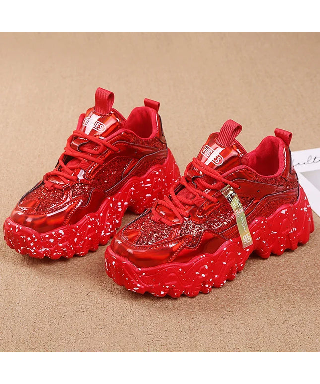 Comemore Women New Bling Platform Sneakers for Girls Casual Chunky Sneaker 6cm Thick Bottom Sports Shoes Platform Red Silver 40