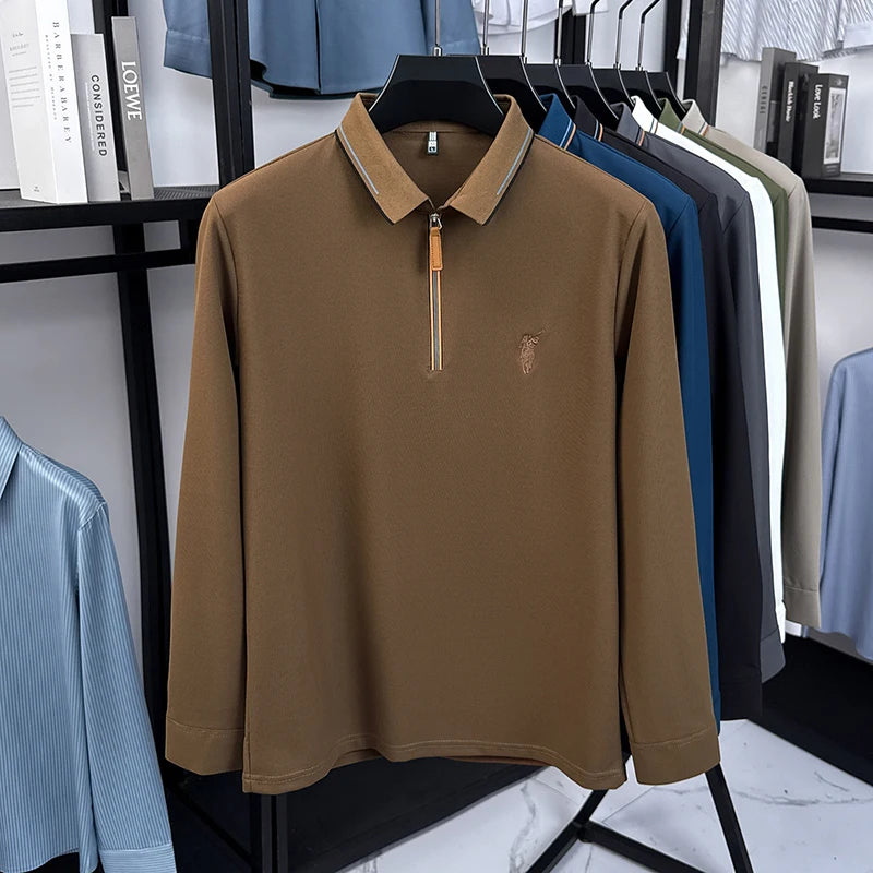 Men's Cotton Long Sleeved T-shirt with Collar Polo Shirt High-end Embroidered Top Autumn Loose Base Shirt