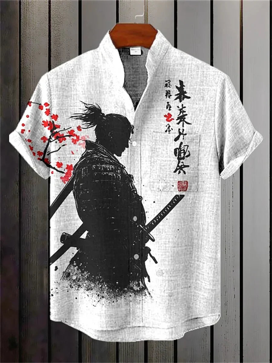 Men's short-sleeved shirt, samurai ink painting print, loose and breathable casual top, trendy retro design Hawaiian shirt.