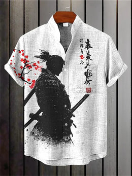Men's short-sleeved shirt, samurai ink painting print, loose and breathable casual top, trendy retro design Hawaiian shirt.
