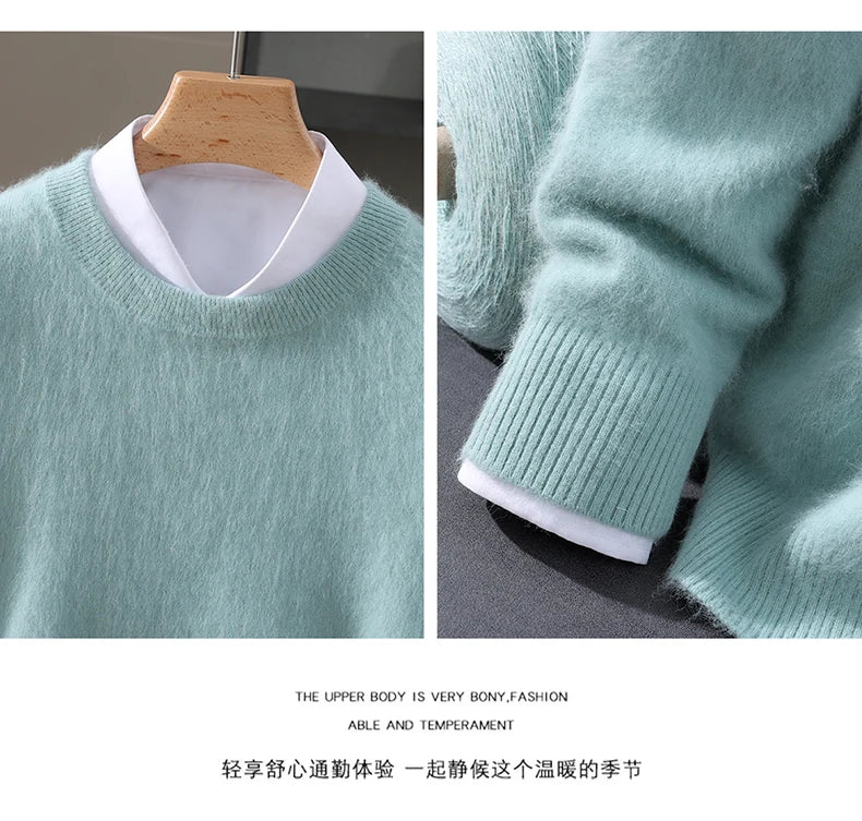 Autumn Winter New Men's Sweater Round Neck Loose Pullover Knitted Sweater Casual Solid Color Thickened 100% Mink Cashmeresweater