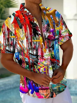 Men's Summer Casual Shirt Vibrant 3D Print Graffiti Art Short Sleeves Lapel Button-Up Top Stylish Streetwear Colorful Shirt Man