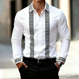 Men's Retro Geometric Print Shirt, Stylish Long-Sleeve Black Shirt, Business Casual Men's Top, Multiple Colors Available, XS-6XL