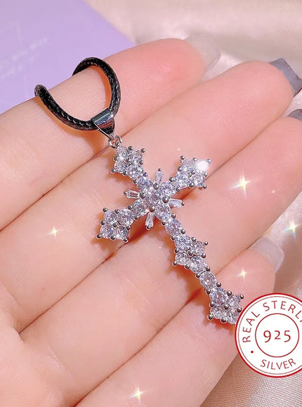 KissIcon Cubic Zirconia Cross Necklace - 925 Silver Plated