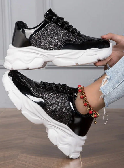 Shiny Silver Women Casual Shoes Leather Platform Sports Shoes Woman Glitter Bling Sneakers Black Flat Sneakers Skateboard Shoes